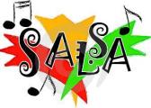 stylized lettering of the word "SALSA", and music notes
